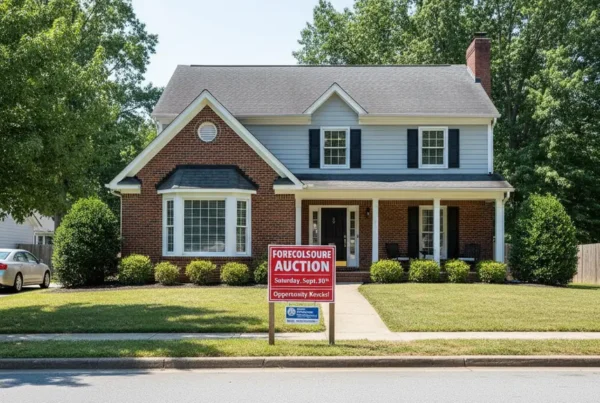 A suburban home in Northern Virginia with a foreclosure auction sign in the yard.