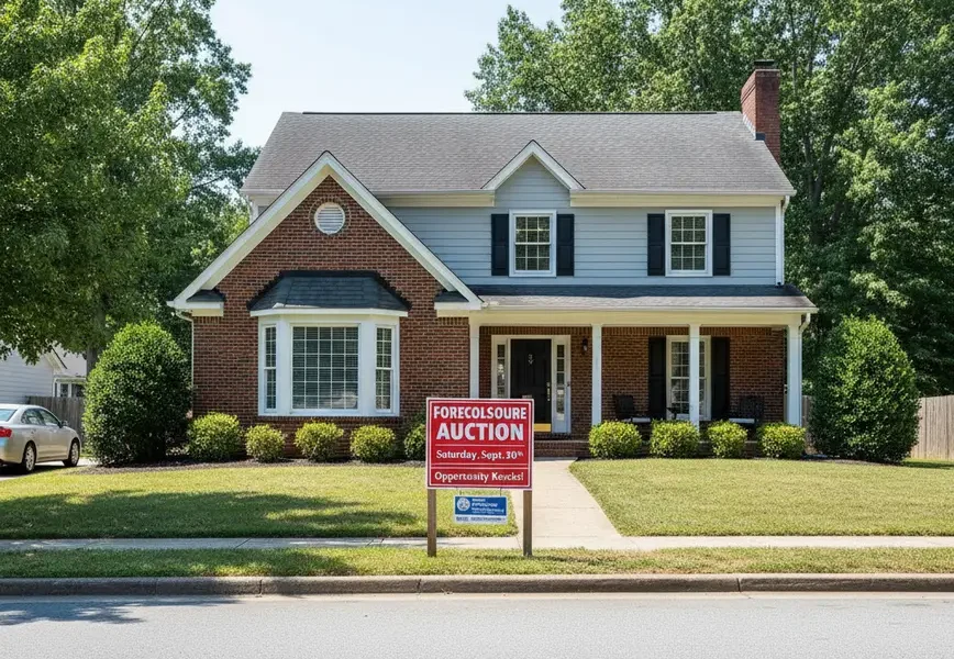 A suburban home in Northern Virginia with a foreclosure auction sign in the yard.