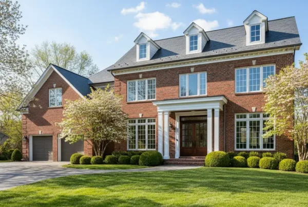 A modern brick colonial home in a Northern Virginia neighborhood with a green lawn.