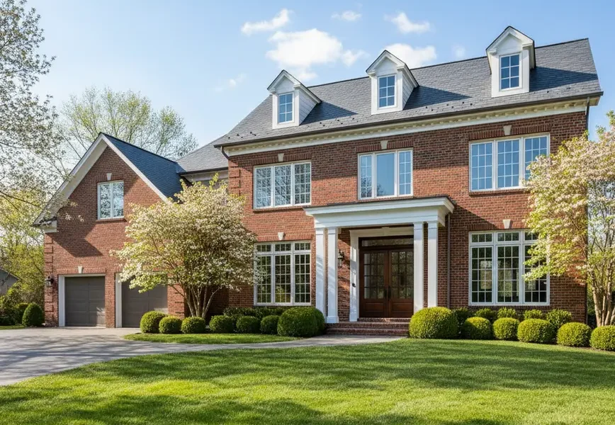 A modern brick colonial home in a Northern Virginia neighborhood with a green lawn.