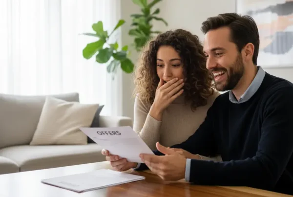 A real estate agent presenting multiple home offers to a smiling couple in Virginia.