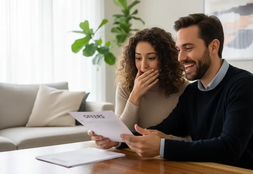 A real estate agent presenting multiple home offers to a smiling couple in Virginia.