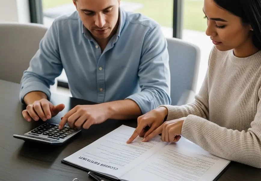 Couple reviewing financial documents for hidden home buying costs in Northern Virginia.