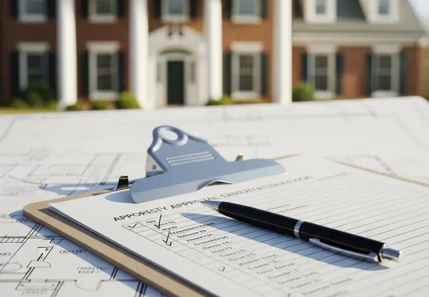 Appraiser's clipboard and blueprints in front of a Northern Virginia home.