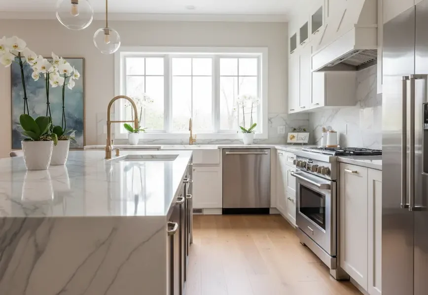 A modern, renovated kitchen in a Northern Virginia home, showing a marble island.