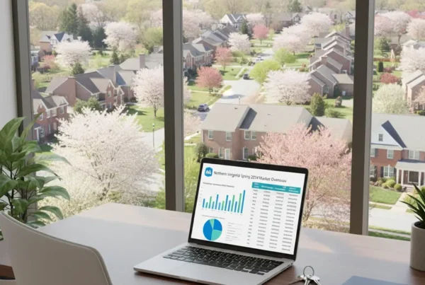A real estate agent's desk with a home valuation report on a laptop.