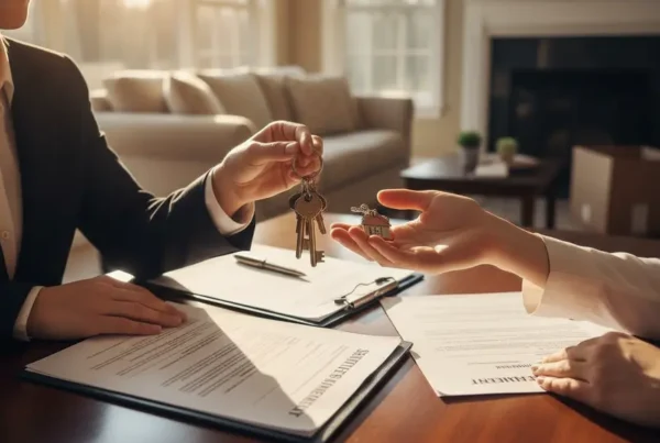 Hands exchanging house keys over closing documents on a desk in a Virginia home.
