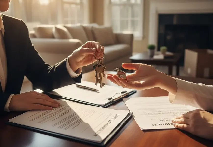 Hands exchanging house keys over closing documents on a desk in a Virginia home.