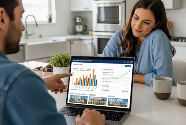 Couple using a laptop calculator to determine how much house they can afford in Northern Virginia.