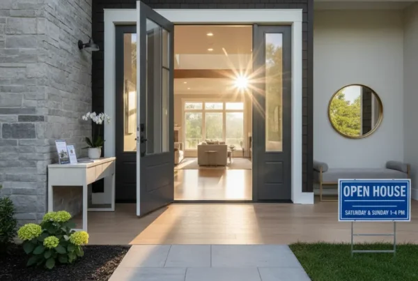 Sunlit entryway of a Northern Virginia home with an open house sign visible.