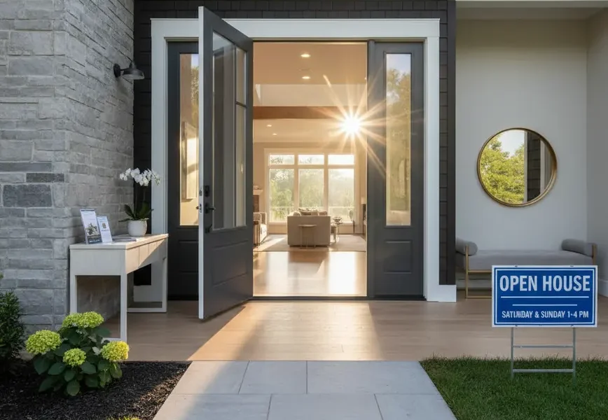 Sunlit entryway of a Northern Virginia home with an open house sign visible.