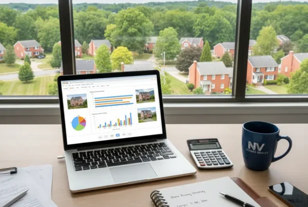 Real estate agent's desk with a laptop showing a home pricing analysis report.