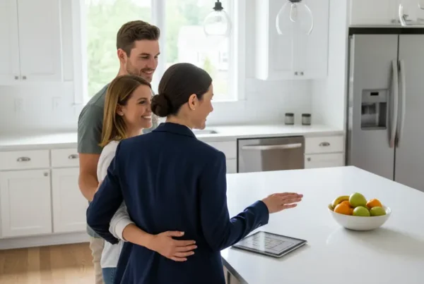 A couple asks their real estate agent questions inside a modern Northern Virginia kitchen.