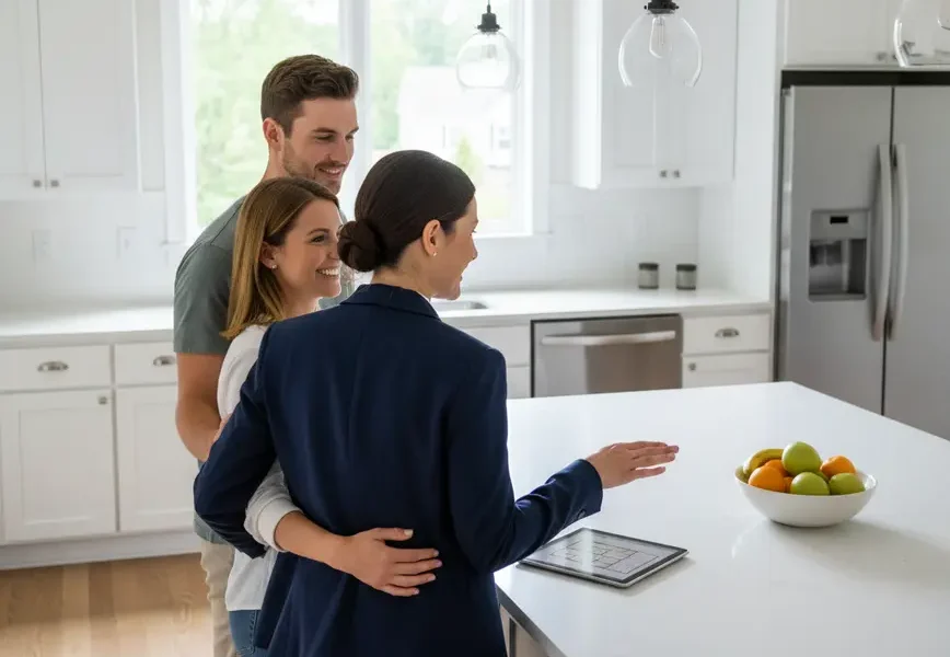A couple asks their real estate agent questions inside a modern Northern Virginia kitchen.