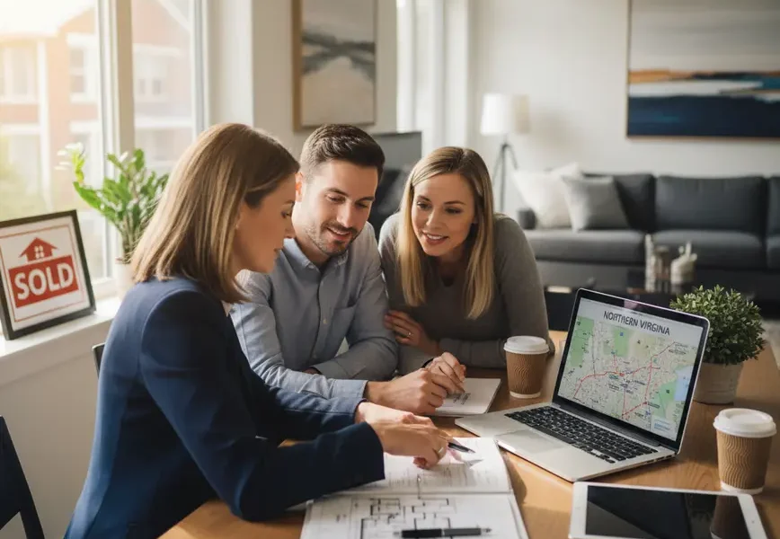 A real estate agent answers questions for a couple about selling their house in Northern Virginia.