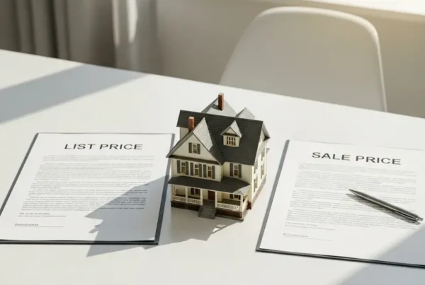 A miniature house model sits between documents showing the list price vs sale price.