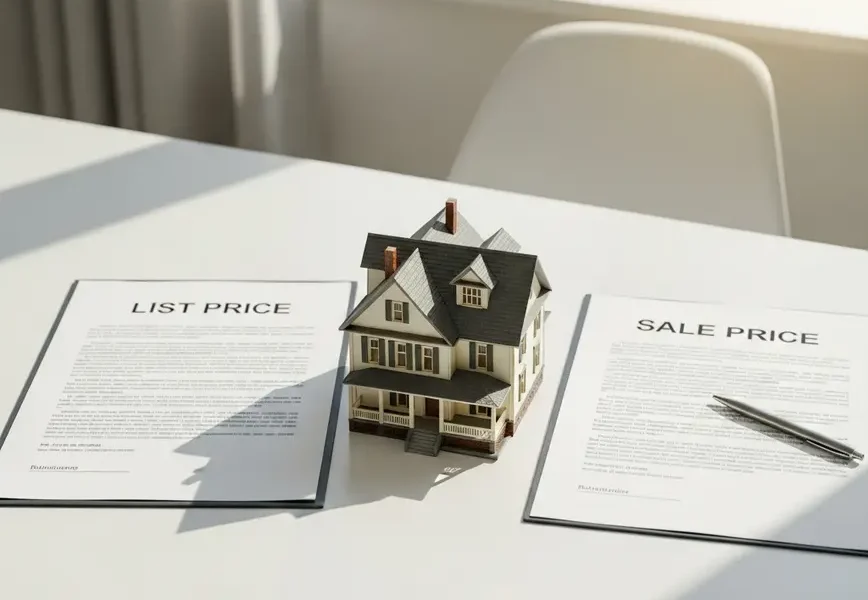 A miniature house model sits between documents showing the list price vs sale price.