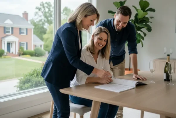 Real estate agent discusses a competitive home offer with a happy couple in Virginia.