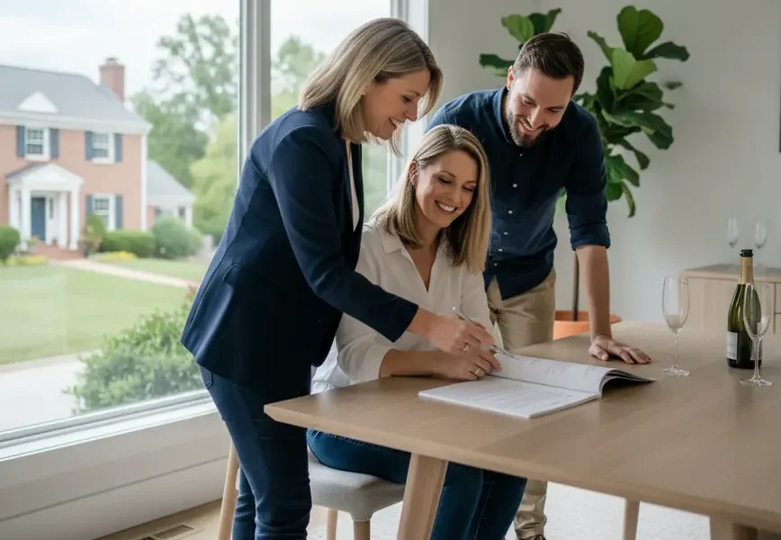 Real estate agent discusses a competitive home offer with a happy couple in Virginia.