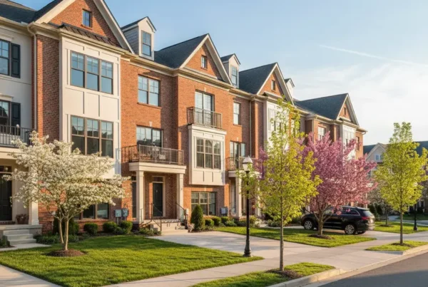 A sunny street view of modern brick townhouse communities in Northern Virginia.