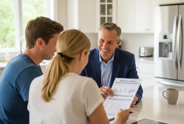 Real estate agent discussing mortgage insurance costs with a couple in a modern kitchen.