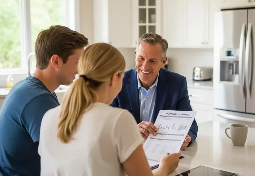 Real estate agent discussing mortgage insurance costs with a couple in a modern kitchen.