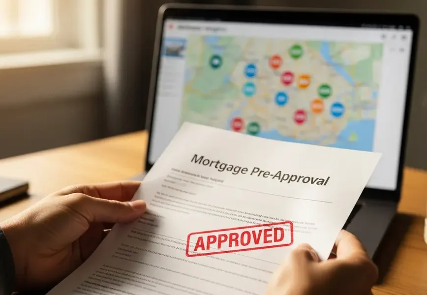 A person holding a mortgage pre-approval letter with a laptop showing Northern Virginia homes.