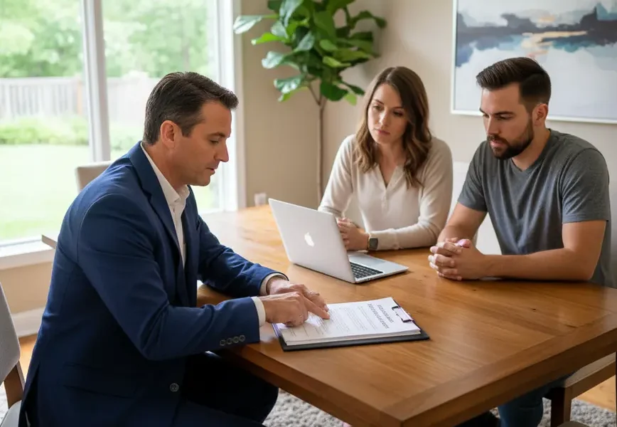 Realtor discussing a low home appraisal document with a concerned couple at their table.