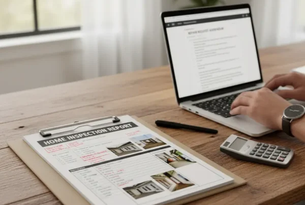 A person reviews a home inspection report on a desk with a laptop.