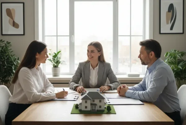 Real estate agent helping a couple negotiate a house price with the seller.