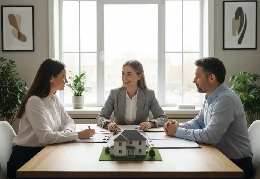 Real estate agent helping a couple negotiate a house price with the seller.