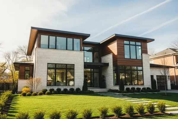 A modern new construction home with a green lawn in Northern Virginia.