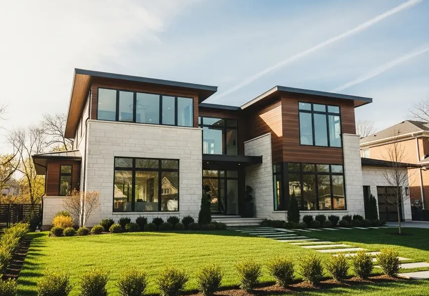 A modern new construction home with a green lawn in Northern Virginia.