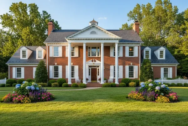 A classic brick colonial home in Northern Virginia with a green manicured lawn.