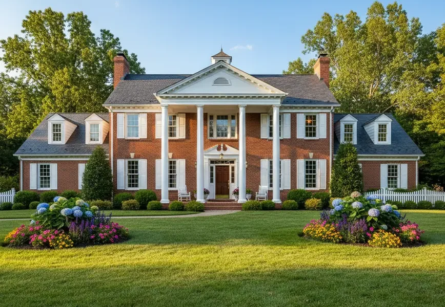 A classic brick colonial home in Northern Virginia with a green manicured lawn.