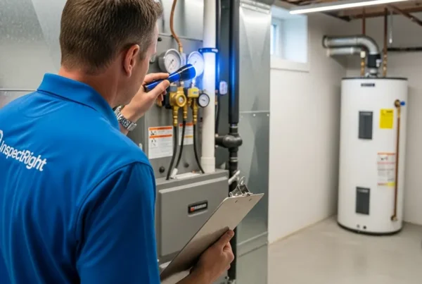 Home inspector examining an HVAC system in a modern basement during a Northern Virginia inspection.