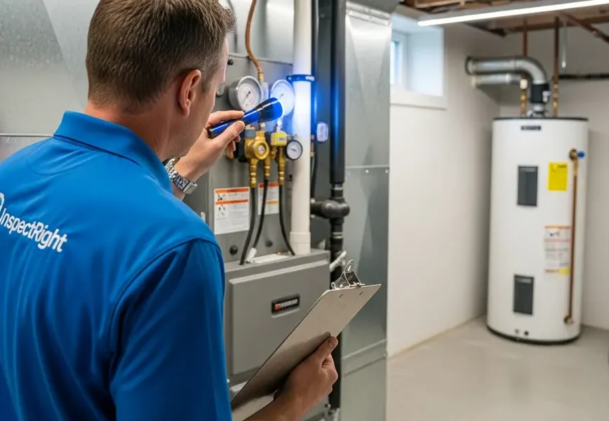 Home inspector examining an HVAC system in a modern basement during a Northern Virginia inspection.