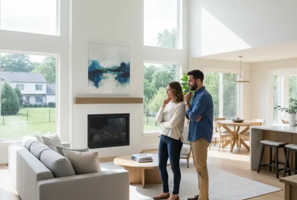 A couple on a home tour in Northern Virginia looking at a modern living room.
