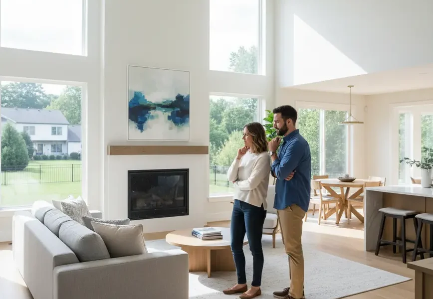 A couple on a home tour in Northern Virginia looking at a modern living room.