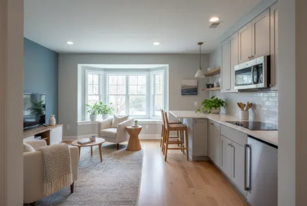 Bright and modern mother-in-law suite with kitchenette in a Northern Virginia home.