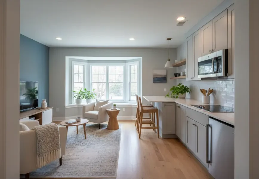 Bright and modern mother-in-law suite with kitchenette in a Northern Virginia home.