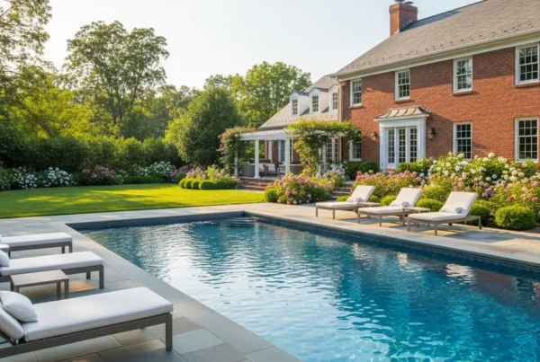 Backyard of a Northern Virginia home with a large swimming pool and patio furniture.