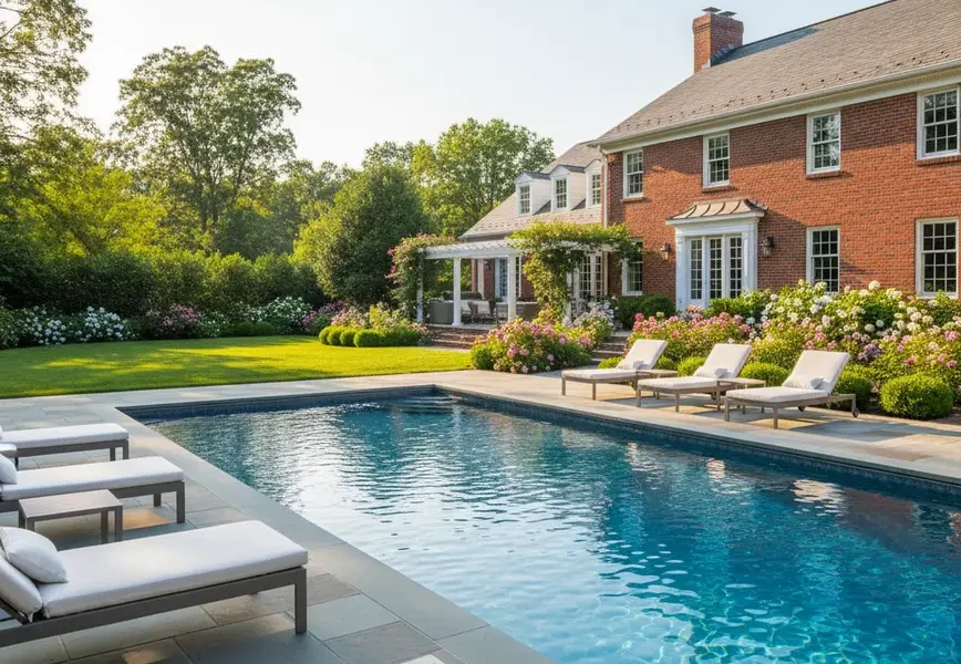 Backyard of a Northern Virginia home with a large swimming pool and patio furniture.
