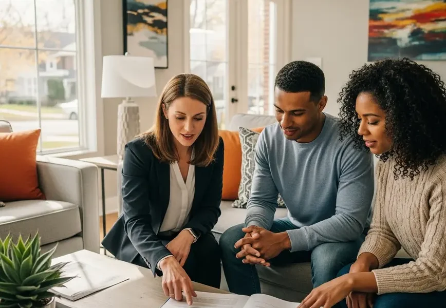 A listing agent in Northern Virginia discussing a home sale contract with a couple.