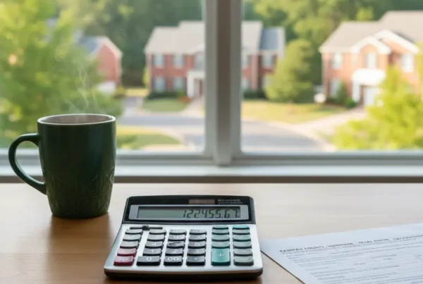 Calculator and property tax form for Northern Virginia on a home office desk.