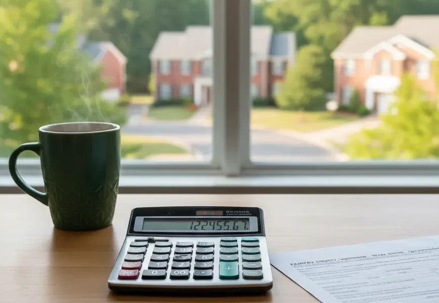 Calculator and property tax form for Northern Virginia on a home office desk.