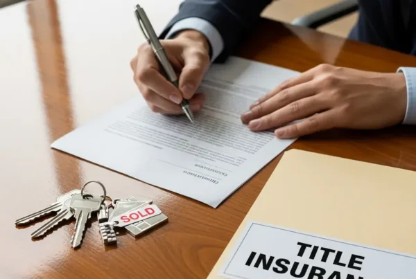Person signing closing documents next to house keys and a title insurance folder.