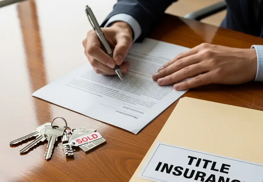 Person signing closing documents next to house keys and a title insurance folder.