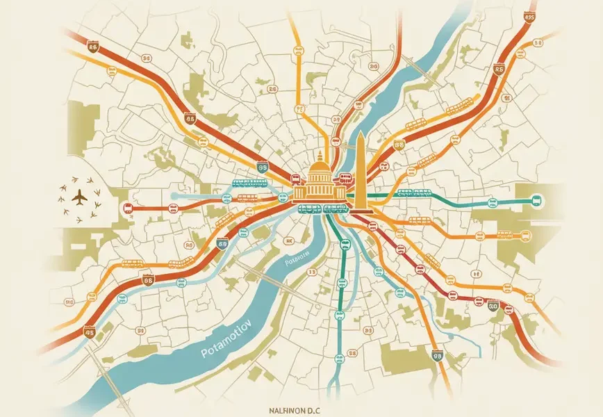 Map showing commute routes from Northern Virginia to DC via metro and highway.
