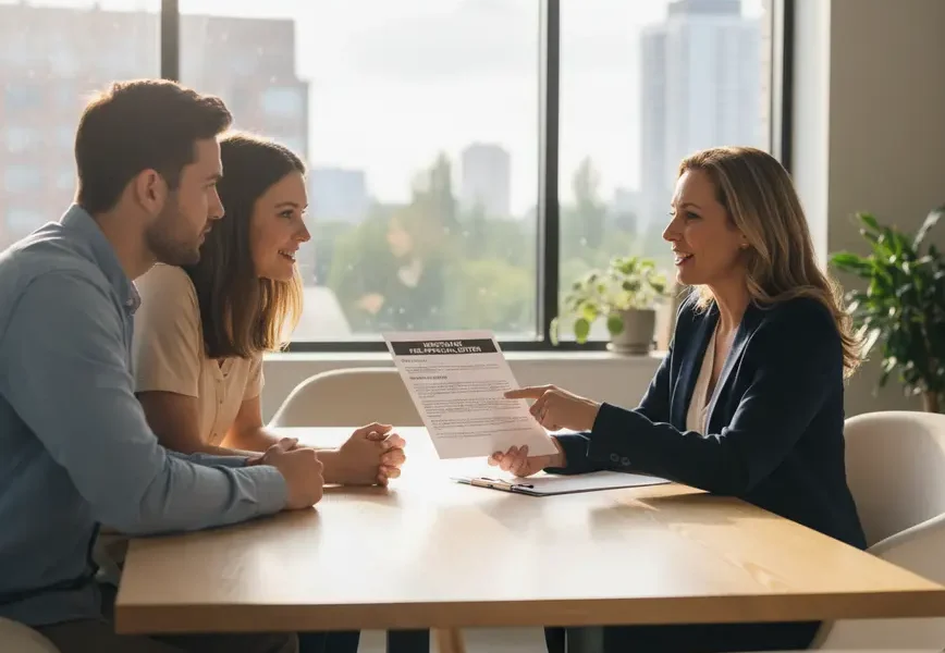 Real estate agent explaining a mortgage preapproval letter to a couple in an office.
